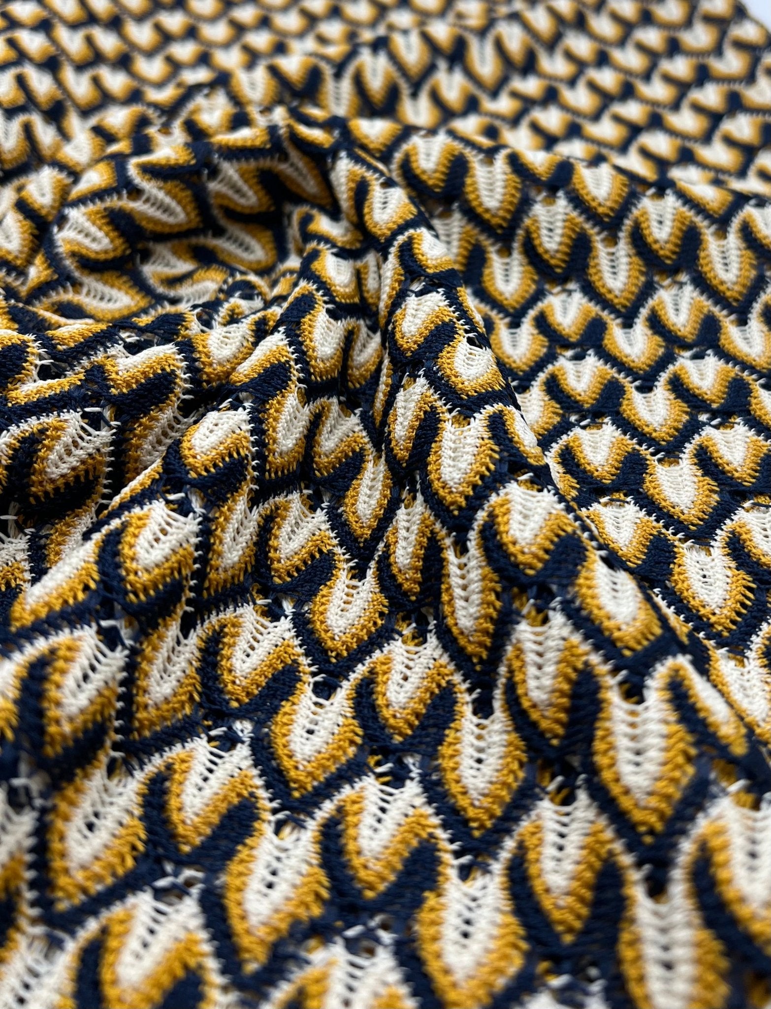 Yellow Navy Mix Knitted Lace 2 Way Stretch Fabric - T9 Fabrics